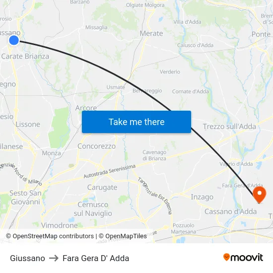 Giussano to Fara Gera D' Adda map