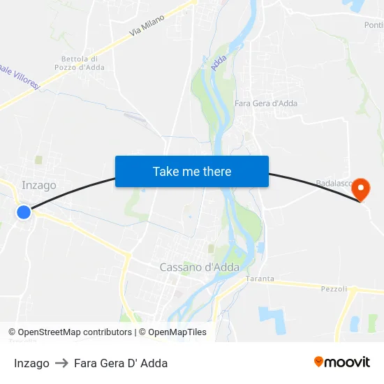 Inzago to Fara Gera D' Adda map