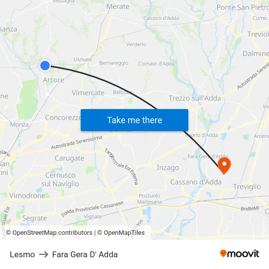 Lesmo to Fara Gera D' Adda map