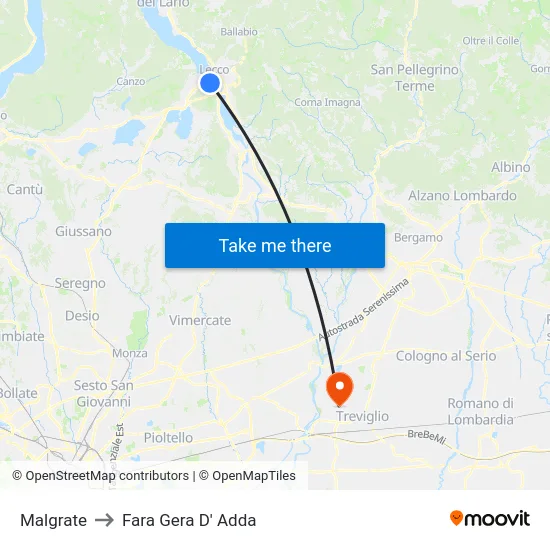 Malgrate to Fara Gera D' Adda map