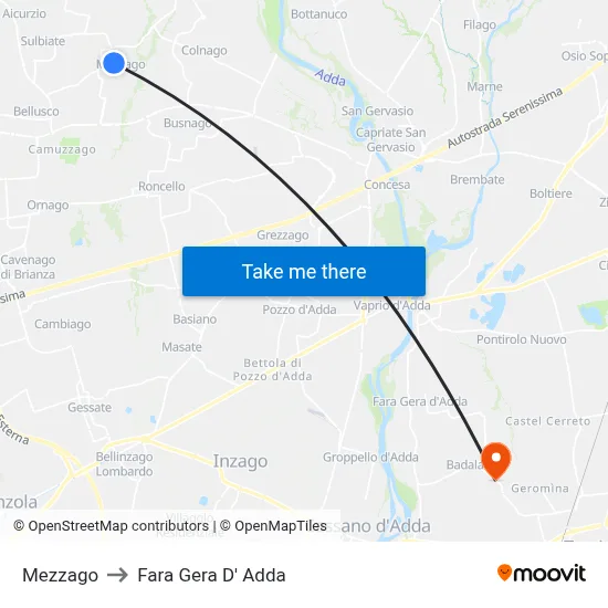 Mezzago to Fara Gera D' Adda map