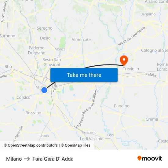 Milan to Fara Gera D' Adda map