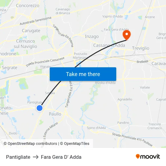 Pantigliate to Fara Gera D' Adda map