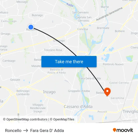 Roncello to Fara Gera D' Adda map