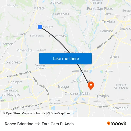 Ronco Briantino to Fara Gera D' Adda map