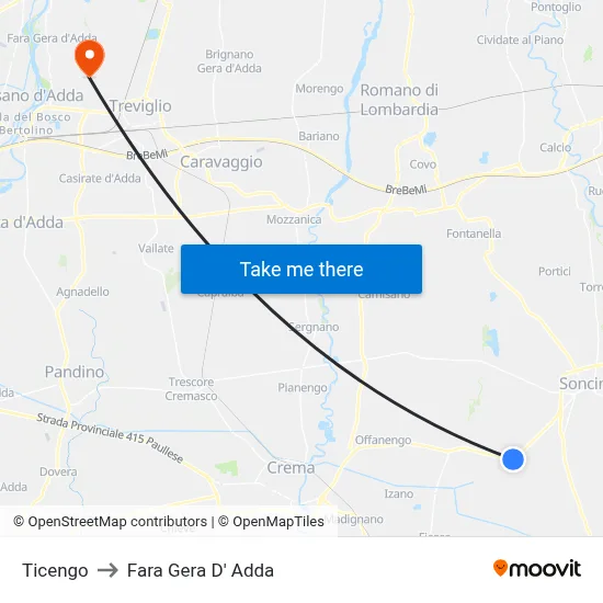 Ticengo to Fara Gera D' Adda map