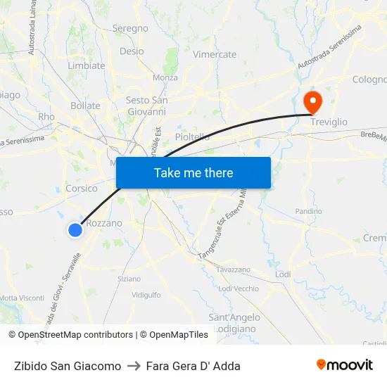 Zibido San Giacomo to Fara Gera D' Adda map