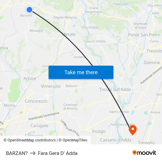 Barzan to Fara Gera D' Adda map
