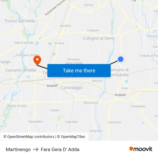 Martinengo to Fara Gera D' Adda map