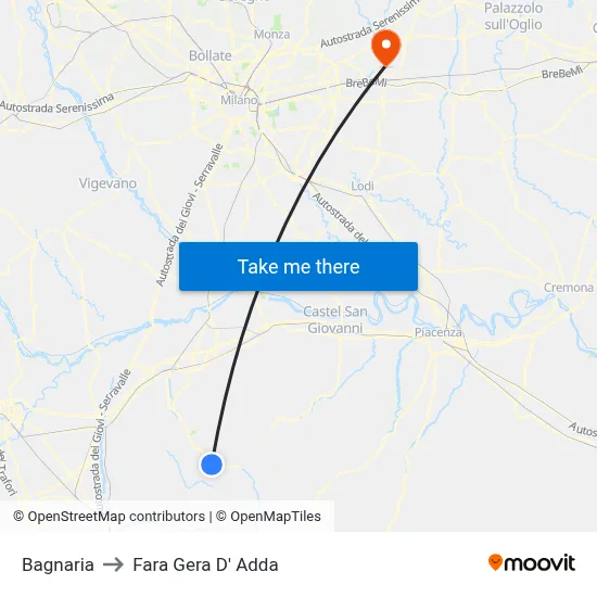 Bagnaria to Fara Gera D' Adda map