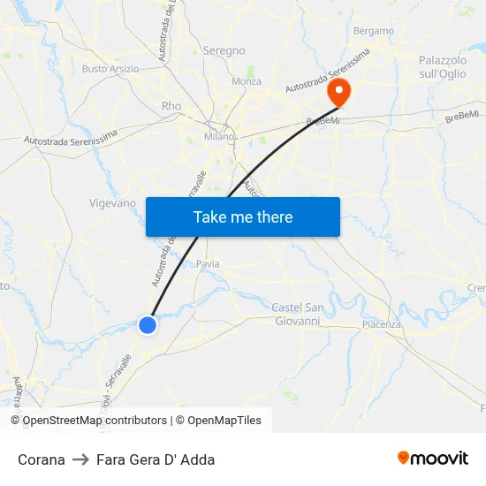 Corana to Fara Gera D' Adda map