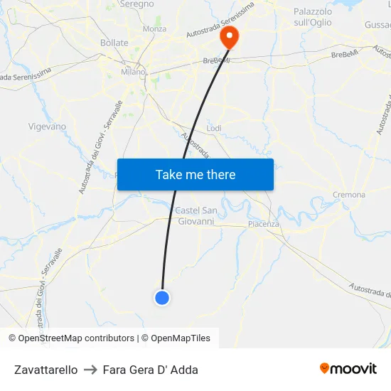 Zavattarello to Fara Gera D' Adda map