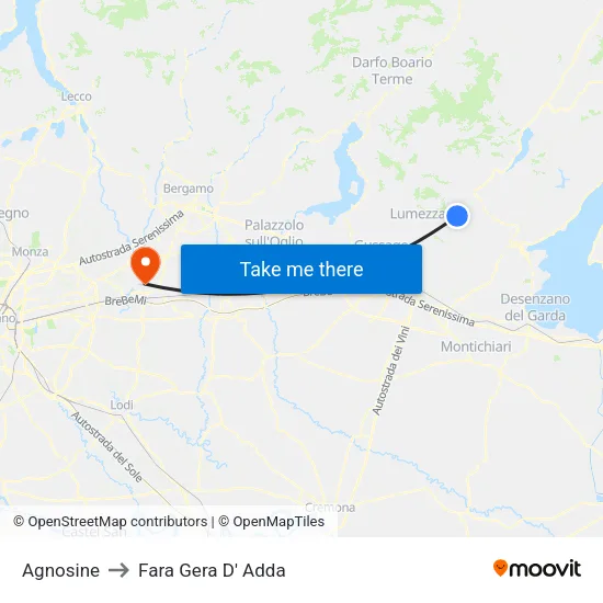 Agnosine to Fara Gera D' Adda map