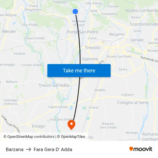 Barzana to Fara Gera D' Adda map
