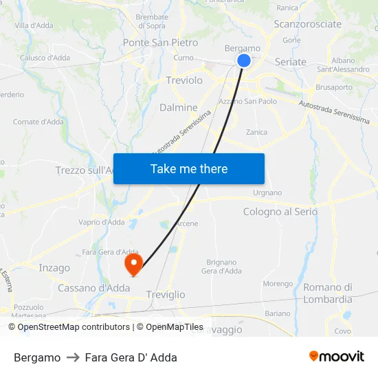 Bergamo to Fara Gera D' Adda map