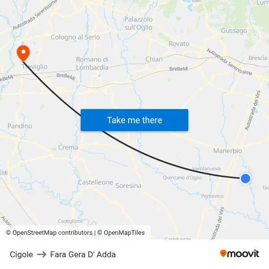 Cigole to Fara Gera D' Adda map