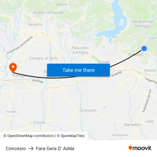 Concesio to Fara Gera D' Adda map