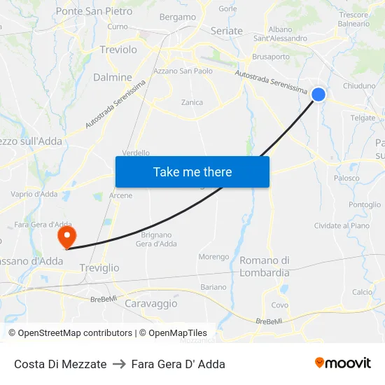 Costa di Mezzate to Fara Gera D' Adda map