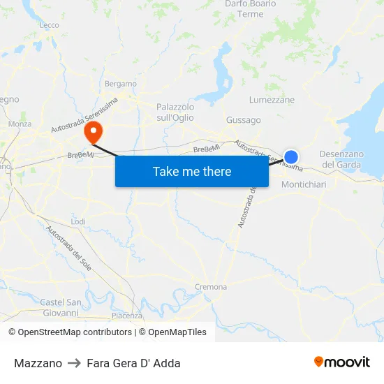 Mazzano to Fara Gera D' Adda map