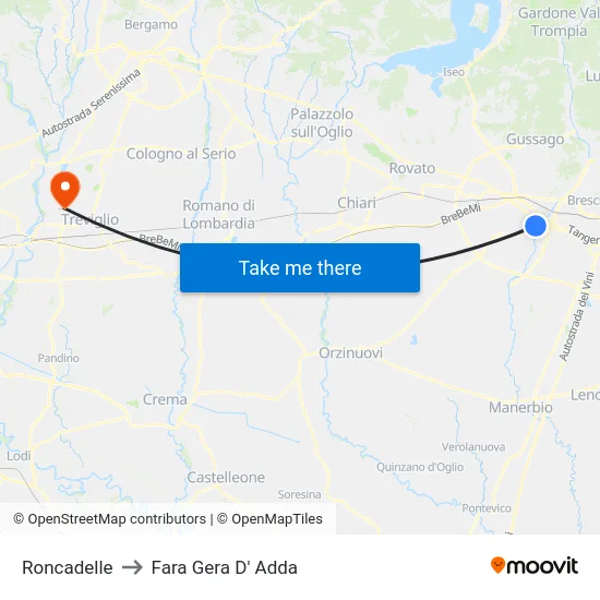 Roncadelle to Fara Gera D' Adda map
