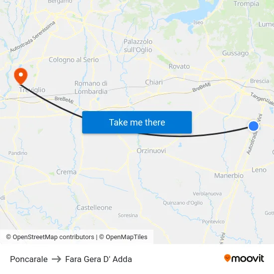 Poncarale to Fara Gera D' Adda map