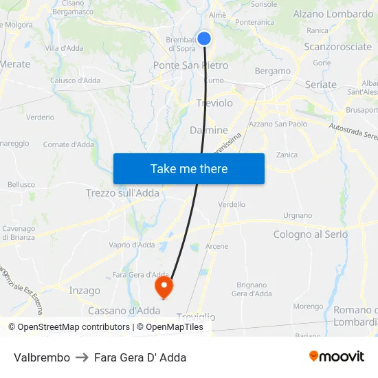 Valbrembo to Fara Gera D' Adda map