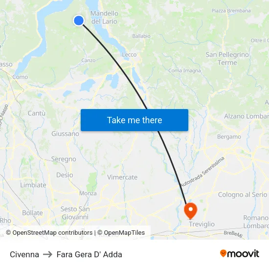 Civenna to Fara Gera D' Adda map
