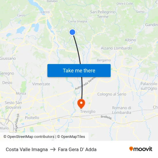 Costa Valle Imagna to Fara Gera D' Adda map