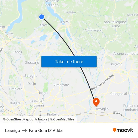 Lasnigo to Fara Gera D' Adda map