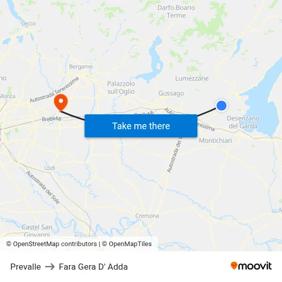 Prevalle to Fara Gera D' Adda map