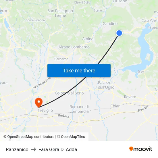 Ranzanico to Fara Gera D' Adda map