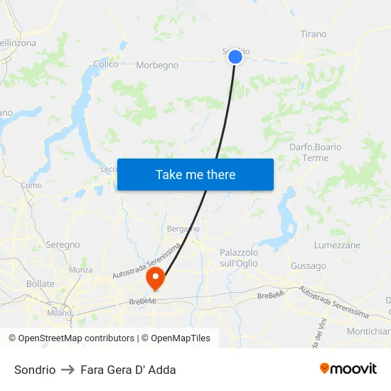 Sondrio to Fara Gera D' Adda map