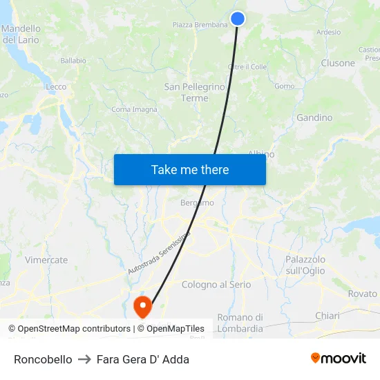 Roncobello to Fara Gera D' Adda map