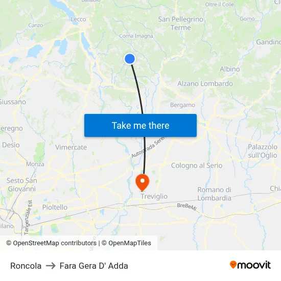Roncola to Fara Gera D' Adda map