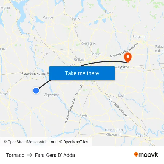 Tornaco to Fara Gera D' Adda map
