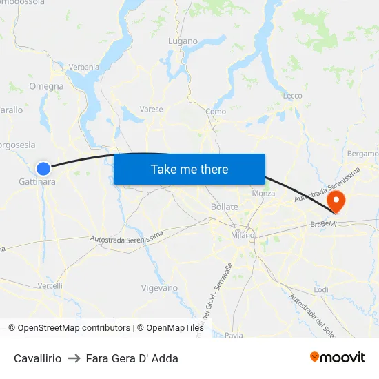 Cavallirio to Fara Gera D' Adda map