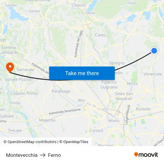 Montevecchia to Ferno map