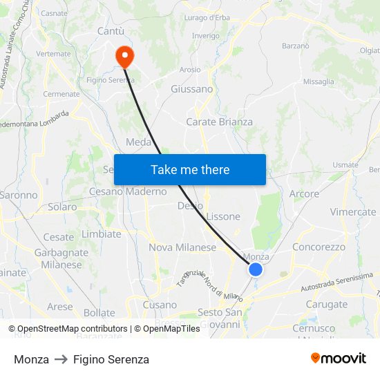 Monza to Figino Serenza map