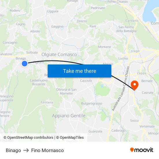 Binago to Fino Mornasco map