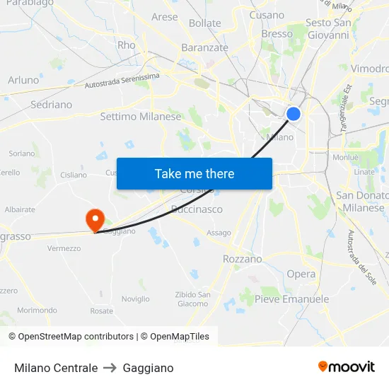 Milan Central to Gaggiano map
