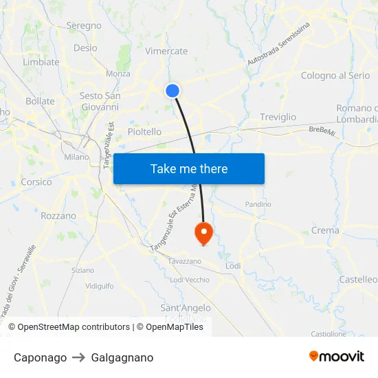 Caponago to Galgagnano map