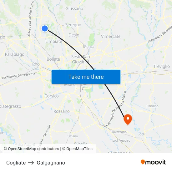Cogliate to Galgagnano map