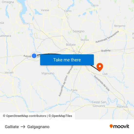 Galliate to Galgagnano map
