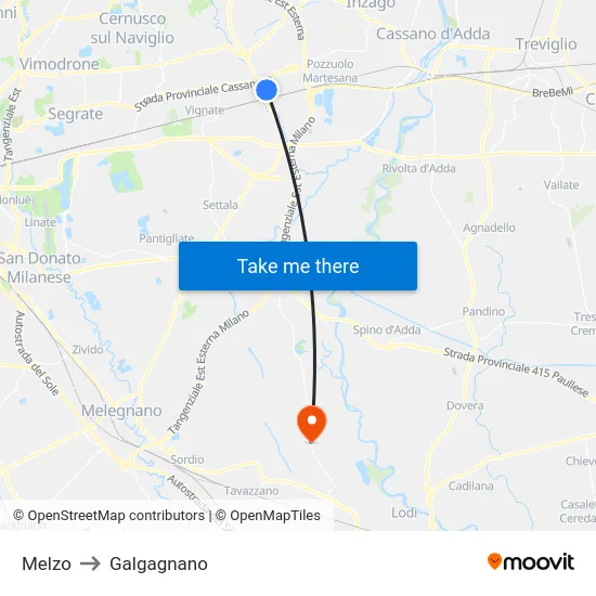 Melzo to Galgagnano map