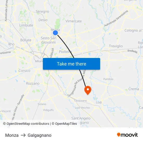 Monza to Galgagnano map