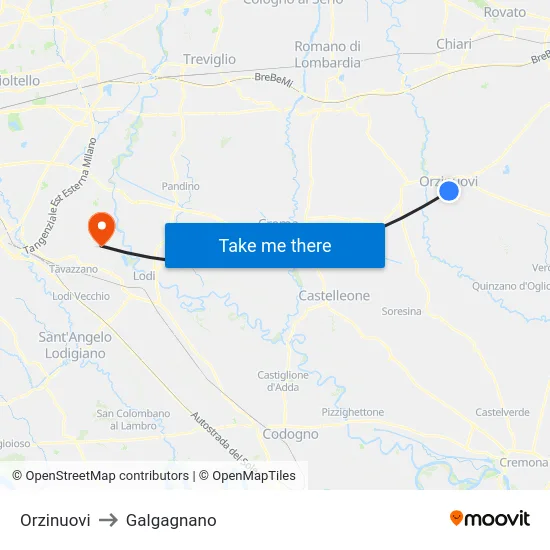 Orzinuovi to Galgagnano map