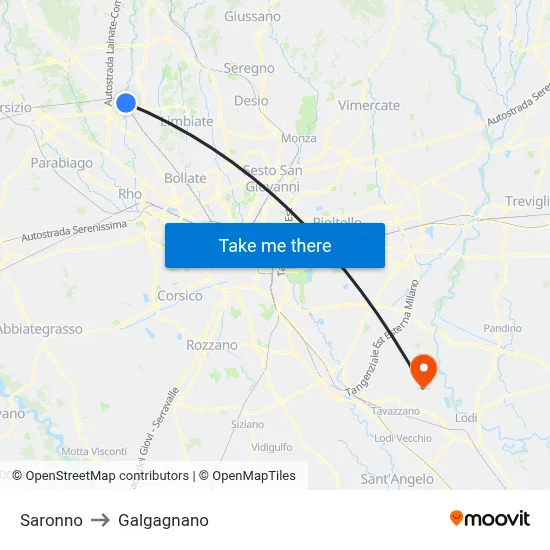 Saronno to Galgagnano map
