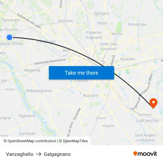 Vanzaghello to Galgagnano map