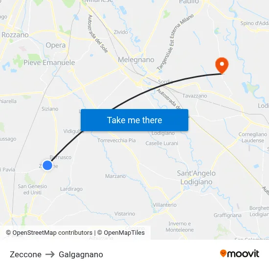 Zeccone to Galgagnano map