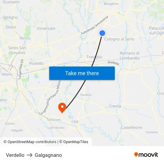 Verdello to Galgagnano map
